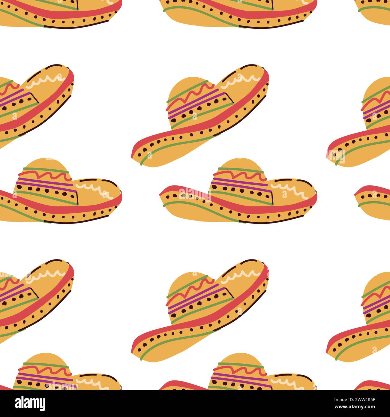 motivo senza cuciture con elementi messicani disegnati a mano. Illustrazione vettoriale del cappello messicano - sfondo senza cuciture Illustrazione Vettoriale