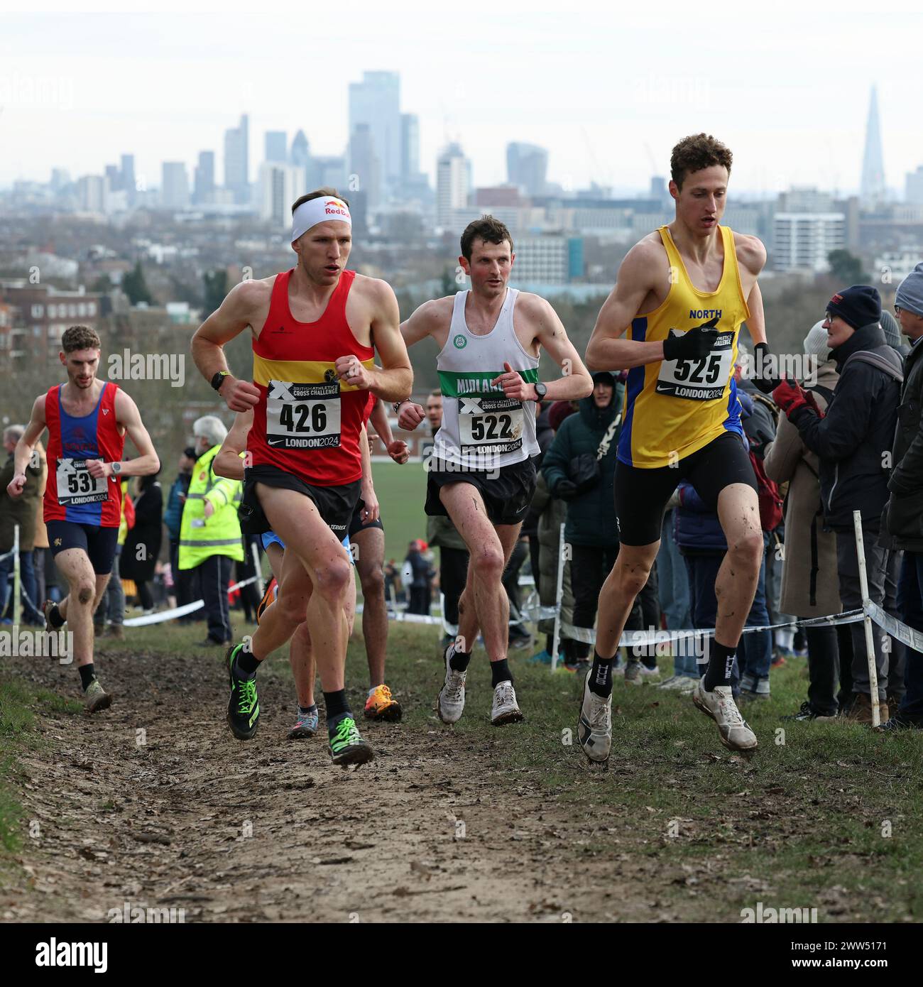 Gruppo leader nella Mens Race in cima alla collina nel Senior Mens British Athletics Cross Challenge a Parliament Hill Fields Foto Stock