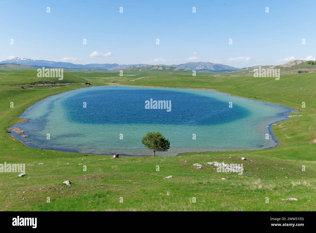 Lago di Vrazje o lago del Diavolo nel Parco Nazionale di Durmitor, Montenegro. Splendidi colori vivaci dell'acqua blu e dell'erba verde. Foto Stock