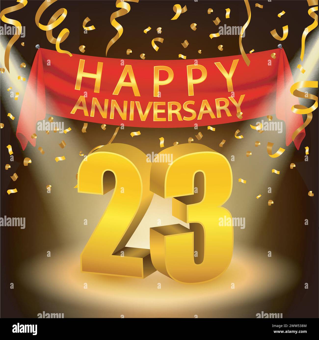 Felice celebrazione del 23° anniversario con Golden Confetti e Spotlight, illustrazione vettoriale Illustrazione Vettoriale