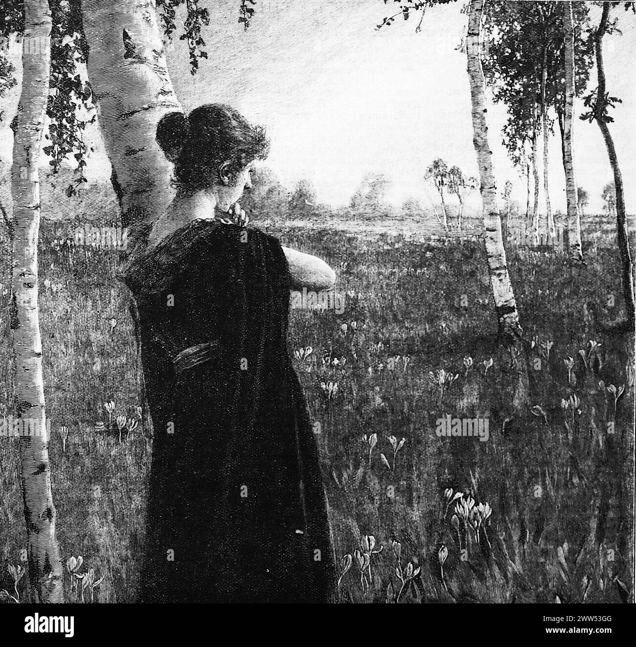 Solitudine, una signora in piedi in un legno, sola, dipinto non attribuito da una foto di Photographic Union, Monaco. Bianco e nero. Fotografia tratta da una rivista originariamente pubblicata nel 1899. Foto Stock