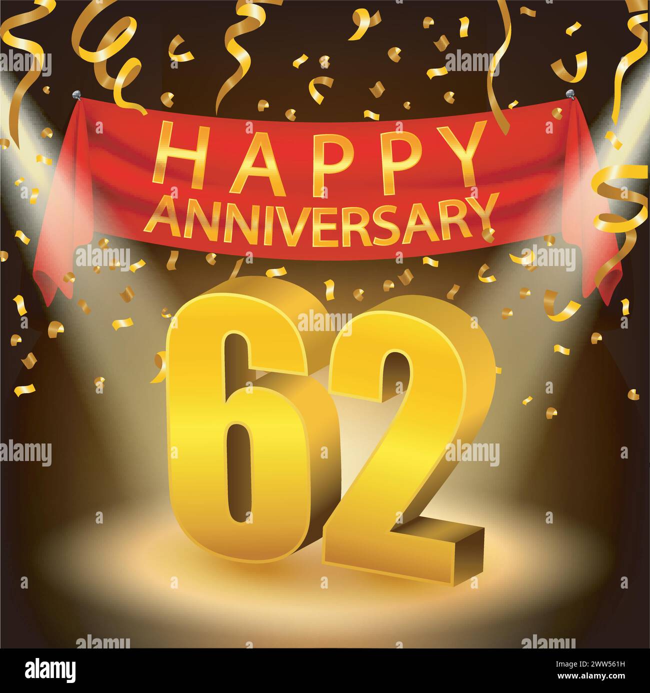 Felice celebrazione del 62° anniversario con Golden Confetti e Spotlight, illustrazione vettoriale Illustrazione Vettoriale