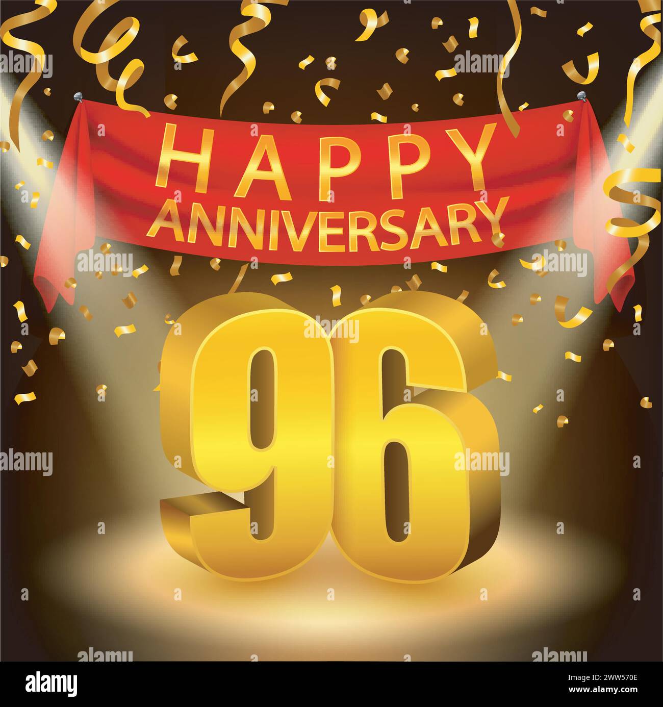Felice celebrazione del 96° anniversario con Golden Confetti e Spotlight, illustrazione vettoriale Illustrazione Vettoriale