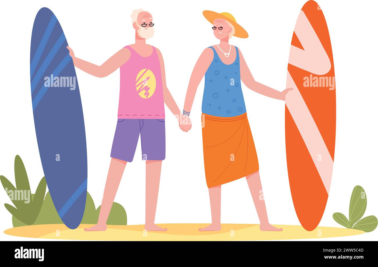 Attività estiva senior. Uomo e donna felici surfisti isolati su sfondo bianco Illustrazione Vettoriale