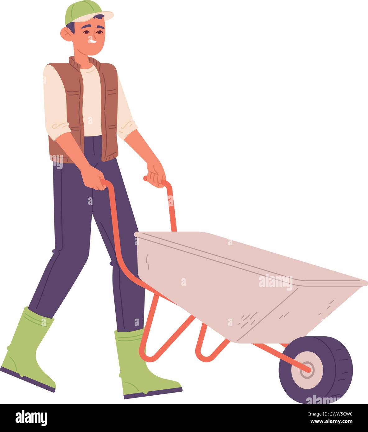 Felice agricoltore con carriola vuota. Attrezzature di lavoro rurali isolate su sfondo bianco Illustrazione Vettoriale