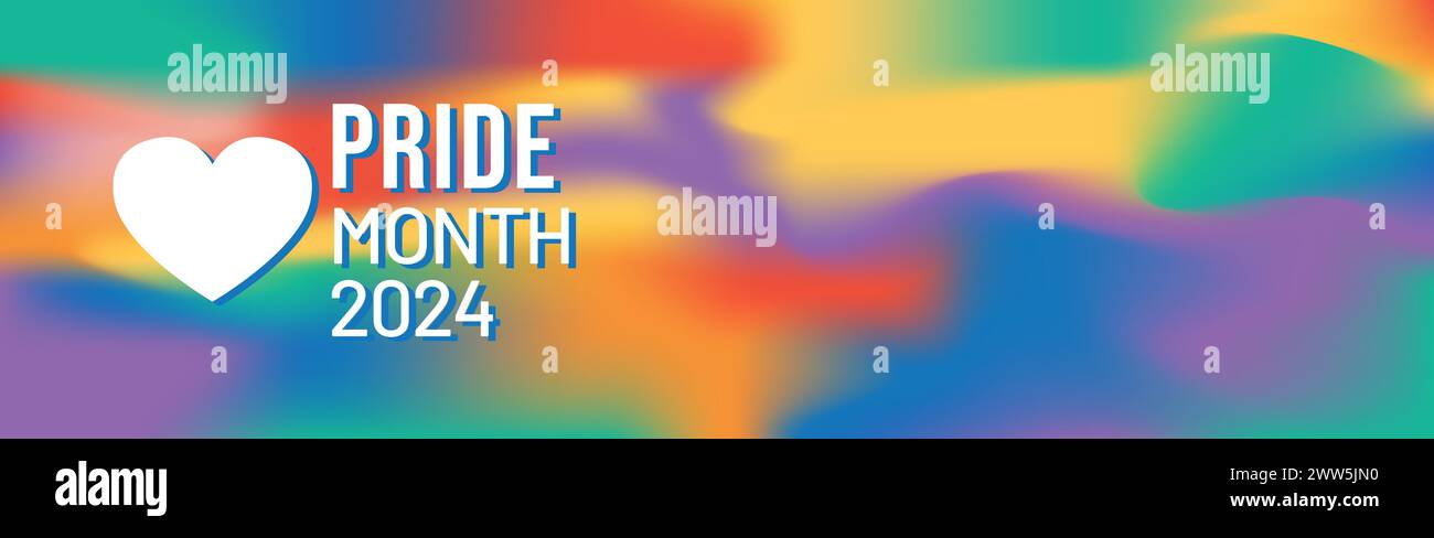 Banner del mese Pride con Pride Flag. Bandiera arcobaleno LGBTQ con testo mese orgoglio. L'amore è amore 2024 Illustrazione Vettoriale