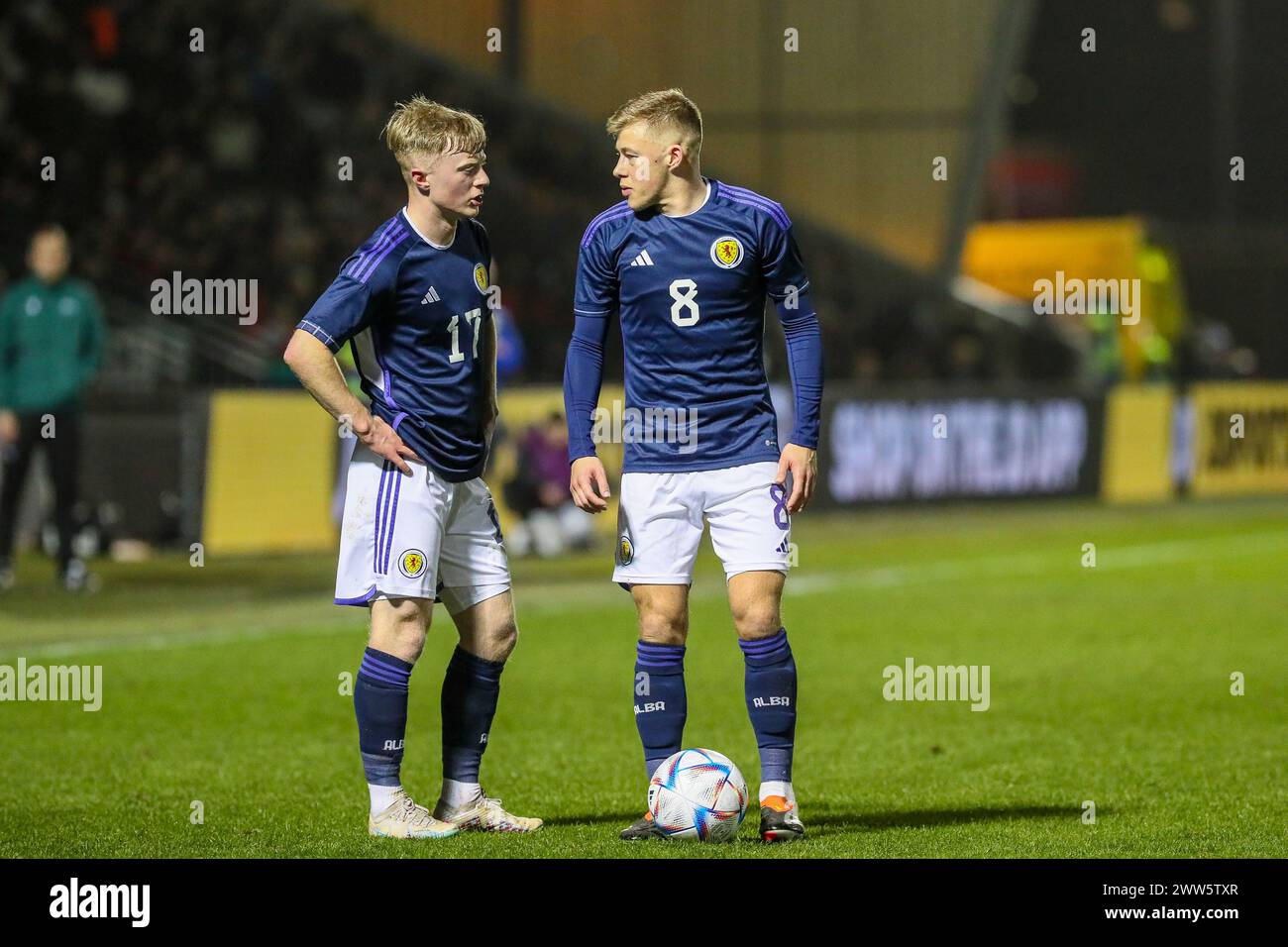 21 marzo 24. Paisley, Regno Unito. La Scozia ha giocato contro il Kazakistan nella qualificazione al campionato UEFA Under 21 allo Smisa Stadium di Paisley, Scozia, Regno Unito. Il punteggio finale è stato Scozia 4 - 1 Kazakistan i gol sono stati segnati da Josh Doig (3)19 minuti, Tommy Cameron (17) 24 minuti, Tommy Conway (9) 38 minuti di rigore, Lewis Fiorini (10) 55 minuti. Yan Trufanov (9) ha segnato o Kazakistan da un rigore in 68 minuti. Crediti: Findlay/Alamy Live News Foto Stock