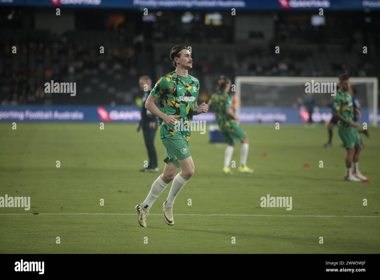 Sydney, Aus. 21 marzo 2024. Sydney, Australia, gio 21 marzo 2024 Connor Metcalfe dell'Australia durante il warm up nella partita di qualificazione della Coppa del mondo FIFA 2026 del secondo turno Australia Socceroos contro Libano al Parramatta Stadium (CommBank Stadium) gio 21 marzo 2024, Sydney, Australia. (Patricia Pérez Ferraro/SPP) credito: SPP Sport Press Photo. /Alamy Live News Foto Stock