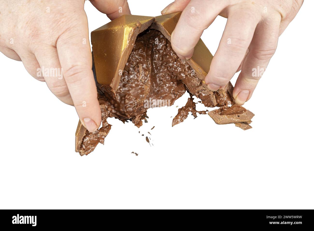 Uovo di Pasqua al cioccolato al latte belga in forma dorata 13. Foto Stock