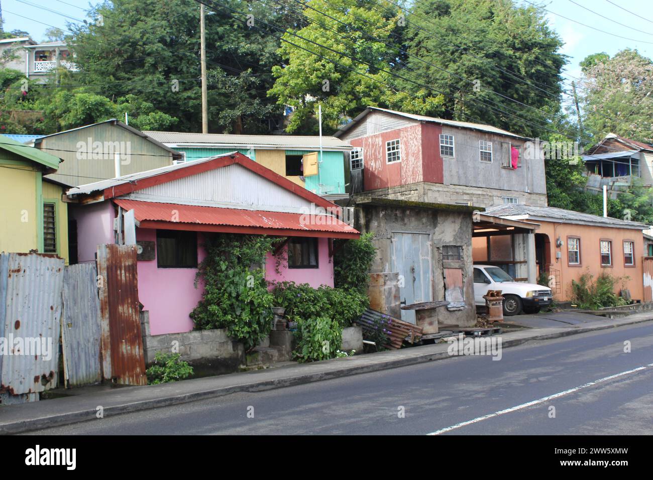 Case colorate a Castries, St. Lucia Foto Stock