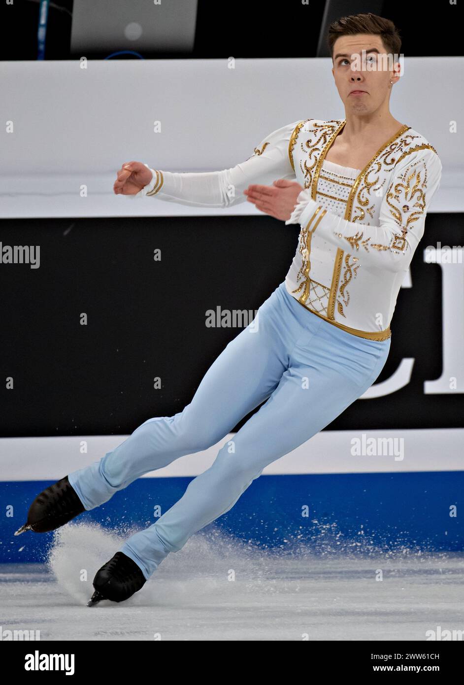 Montreal, Canada. 21 marzo 2024. Nikita Starostin, Germania, gareggia durante il programma corto maschile ai Campionati mondiali di pattinaggio di figura dell'Unione Internazionale di pattinaggio di figura al Bell Centre di Montreal, Canada, il 21 marzo 2024. Crediti: Andrew Soong/Xinhua/Alamy Live News Foto Stock