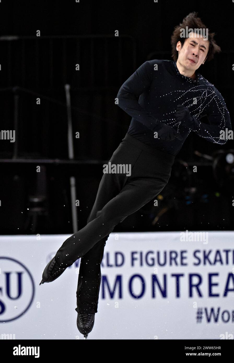 Montreal, Canada. 21 marzo 2024. Jin Boyang, cinese, gareggia durante il programma corto maschile ai Campionati mondiali di pattinaggio di figura dell'Unione Internazionale di pattinaggio di figura al Bell Centre di Montreal, Canada, il 21 marzo 2024. Crediti: Andrew Soong/Xinhua/Alamy Live News Foto Stock