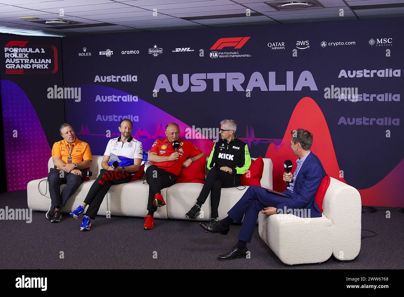 BROWN Zak (usa), CEO di McLaren Racing, Portrait, BAYER Peter, CEO di Visa Cash App RB F1 Team, Portrait, VASSEUR Frederic (fra), Team Principal & General Manager della Scuderia Ferrari, Portrait, ALUNNI BRAVI Alessandro (ita), Managing Director di Sauber Group & Team Representative, ritratto durante la Formula 1 Rolex Australian Grand Prix 2024, 3° round del Campionato del mondo di Formula 1 2024 dal 22 al 24 marzo 2024 sull'Albert Park Circuit, a Melbourne, Australia Foto Stock