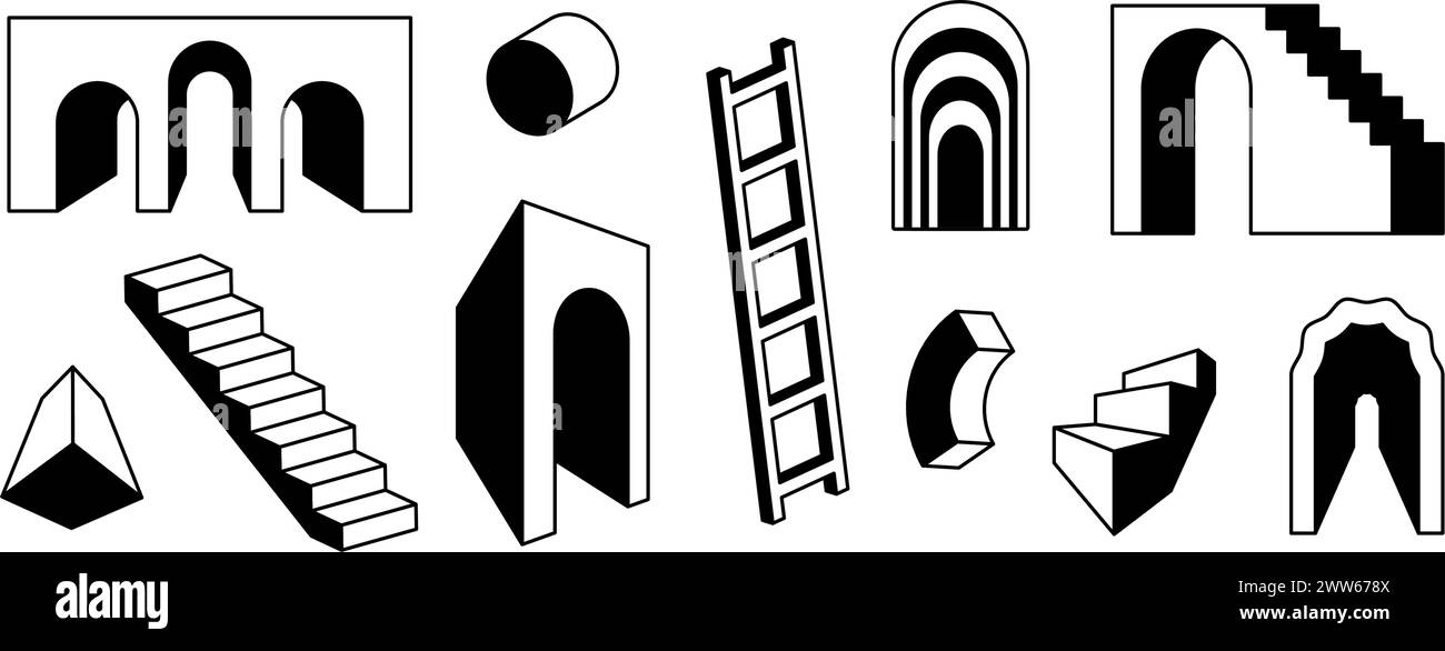 Scala e set di archi. Collezione di elementi geometrici surreali in bianco e nero. porta ad arco prospettico 3d, scala, gruppo cancello. Forme retrò per collage, poster, striscioni, adesivi. Pacchetto grafica vettoriale Illustrazione Vettoriale