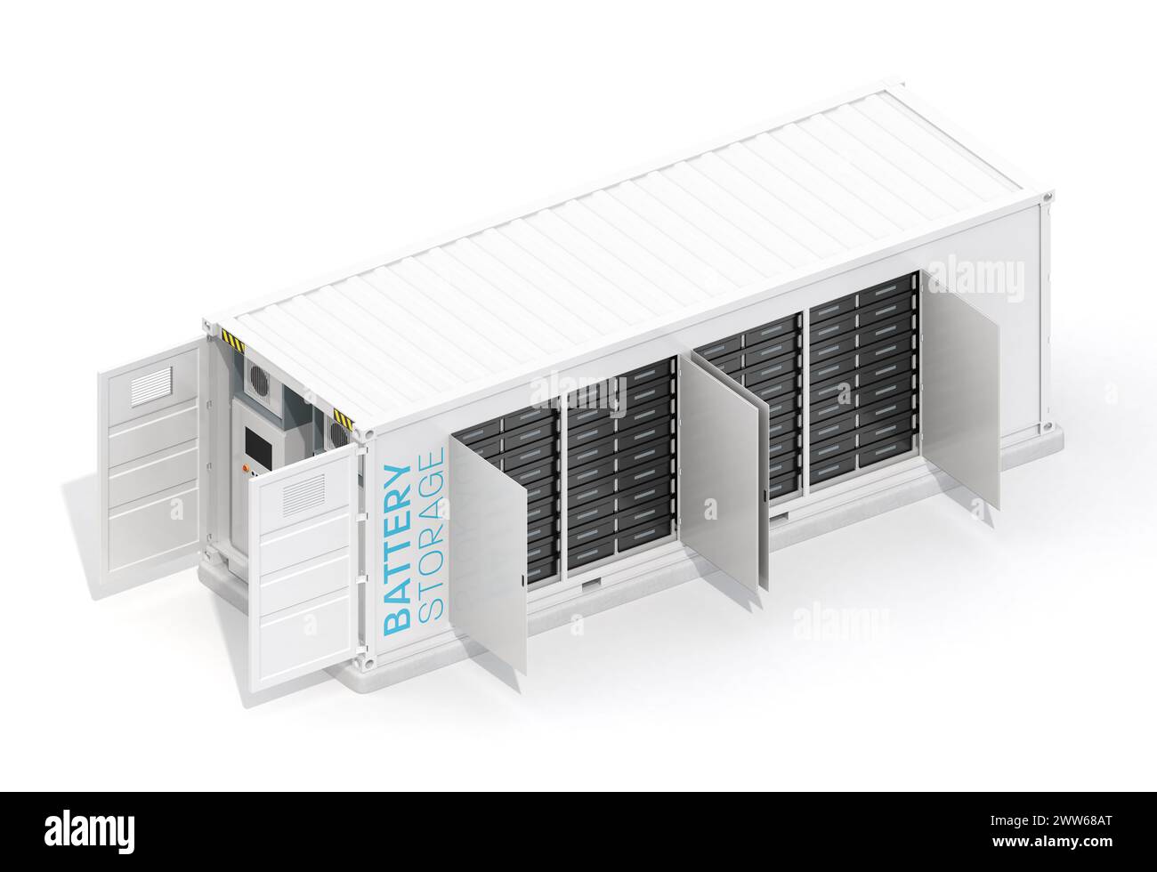 Concetto di stoccaggio dell'energia delle batterie containerizzate. Porte aperte. Conservare le batterie su rack. Progettazione generica. Immagine di rendering 3D. Foto Stock