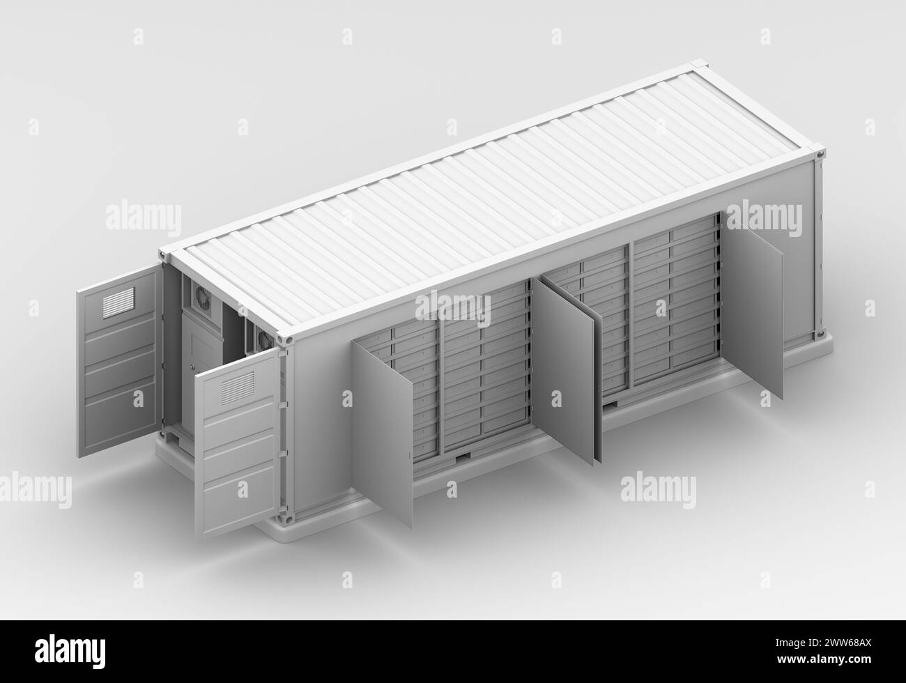 Rendering in argilla del sistema di immagazzinamento dell'energia della batteria containerizzata. Vista isometrica in sezione. Progettazione generica. Immagine di rendering 3D. Foto Stock