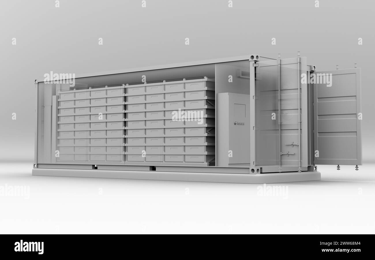 Rendering in argilla del sistema di immagazzinamento dell'energia della batteria containerizzata. Vista in sezione. Progettazione generica. Immagine di rendering 3D. Foto Stock