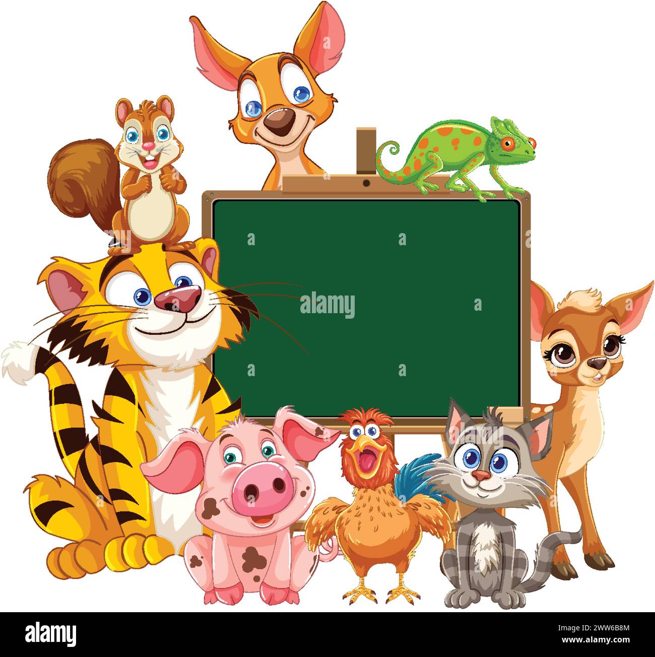 Gli animali dei cartoni animati raggruppati attorno a una lavagna vuota. Illustrazione Vettoriale