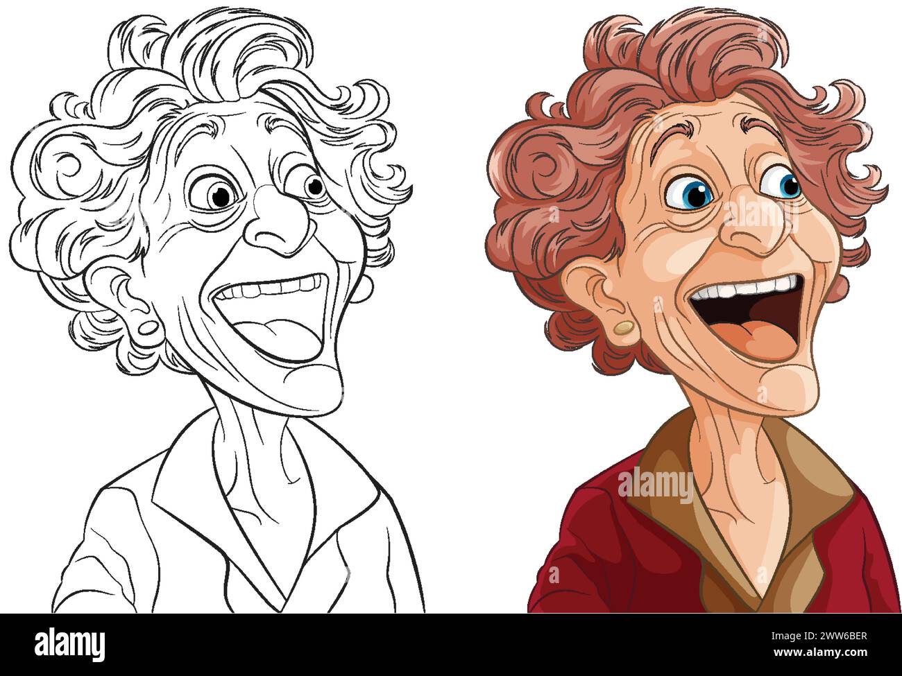 Arte vettoriale di una donna felice e anziana, colorata e delineata. Illustrazione Vettoriale