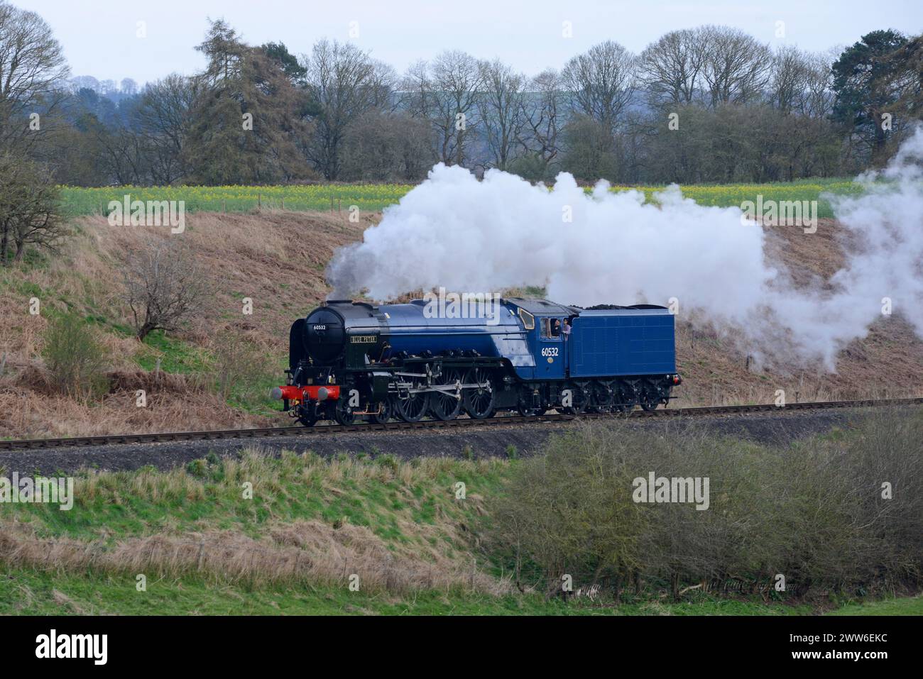 L'iconica locomotiva a vapore 60532 "Blue Peter" inizia la fase di test presso la Severn Valley Railway, nel Worcestershire, dopo una revisione di diversi milioni di sterline Foto Stock