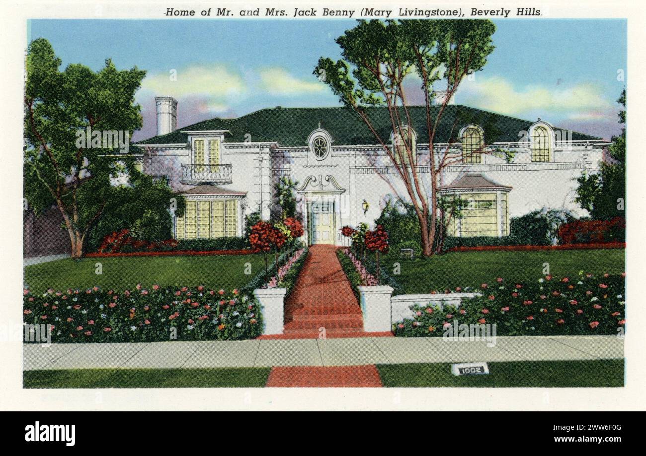 RESIDENZA DEL SIGNOR E LA SIGNORA. JACK BENNY (MARY LIVINGSTONE), BEVERLY HILLS cartolina da Homes of the Movie Stars cartolina pubblicata nel 1940 Curt Teich & Co., Inc.,. Chicago, Stati Uniti Foto Stock