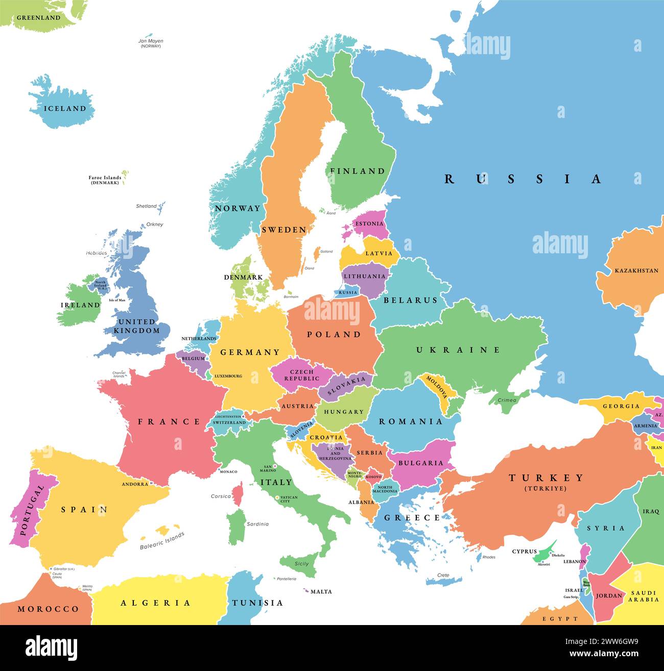 Europa con una parte dei paesi del Medio Oriente, mappa politica. Parte occidentale del continente Eurasia, situata nell'emisfero settentrionale. Foto Stock