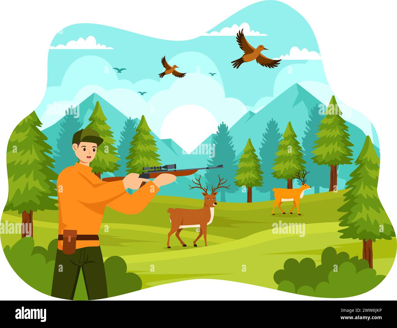 Illustrazione vettoriale di caccia con fucile Hunter o arma per sparare agli uccelli o agli animali selvatici nella foresta su Flat Cartoon background Design Illustrazione Vettoriale