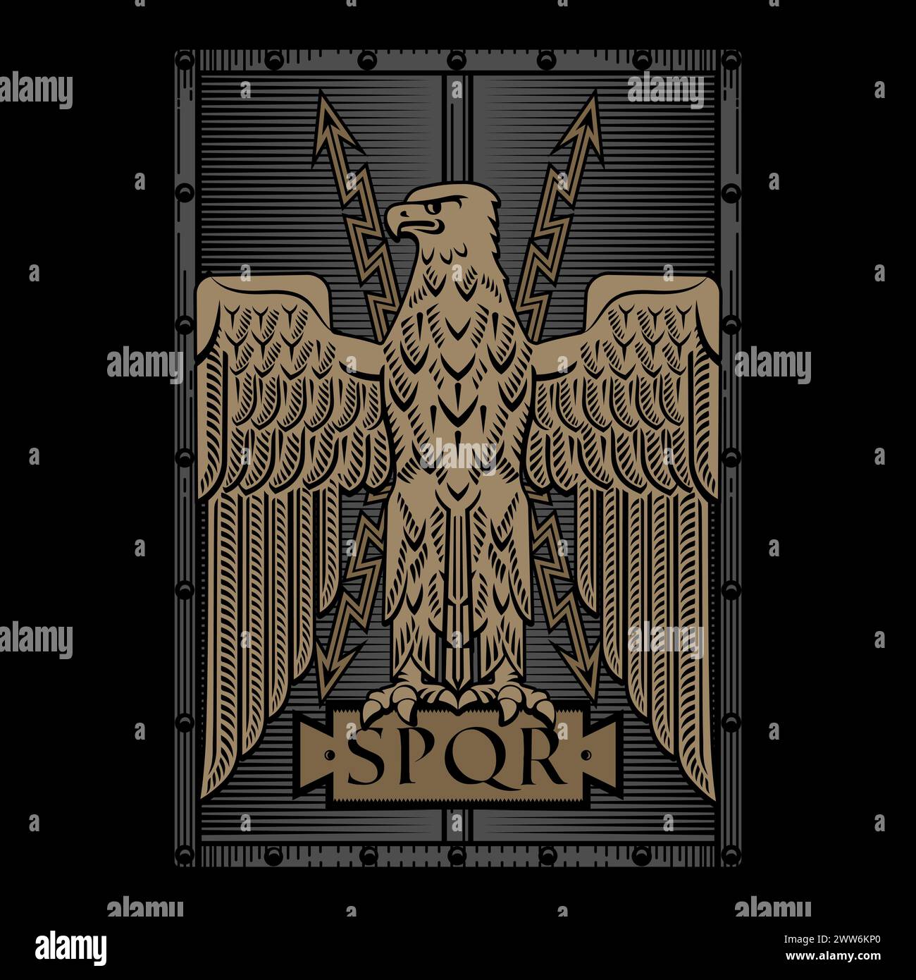 Design in stile antico. Roman Eagle sullo sfondo di uno scudo da battaglia Illustrazione Vettoriale