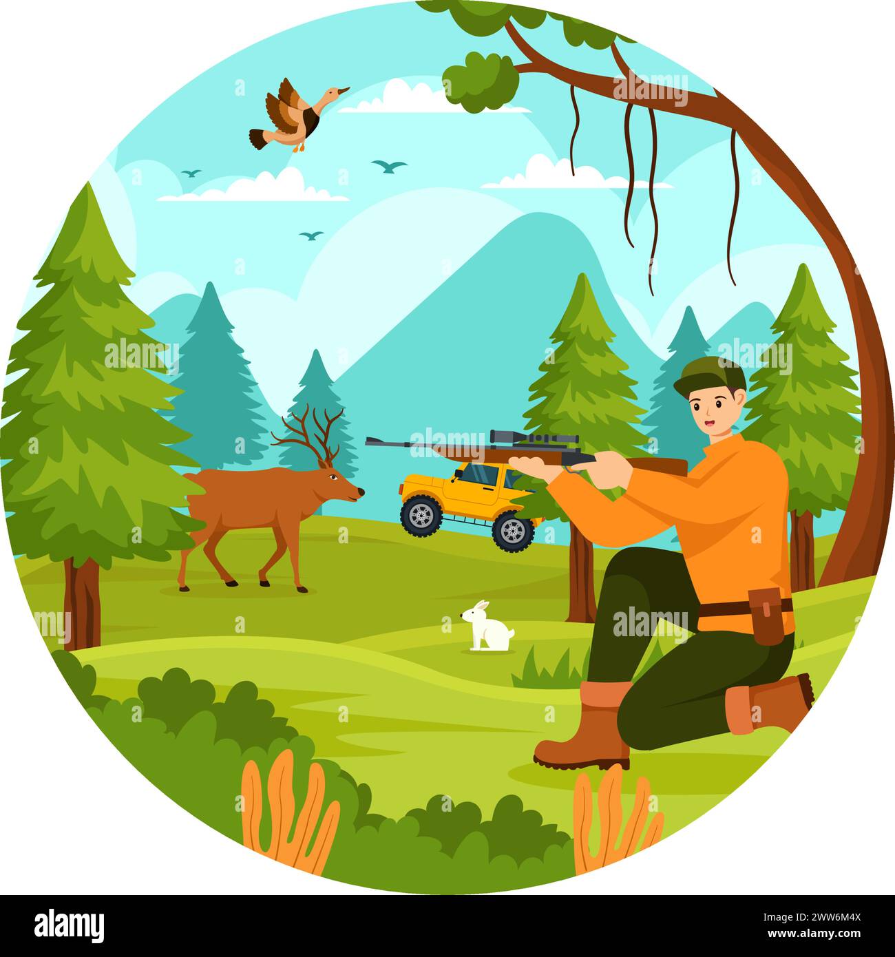 Illustrazione vettoriale di caccia con fucile Hunter o arma per sparare agli uccelli o agli animali selvatici nella foresta su Flat Cartoon background Design Illustrazione Vettoriale