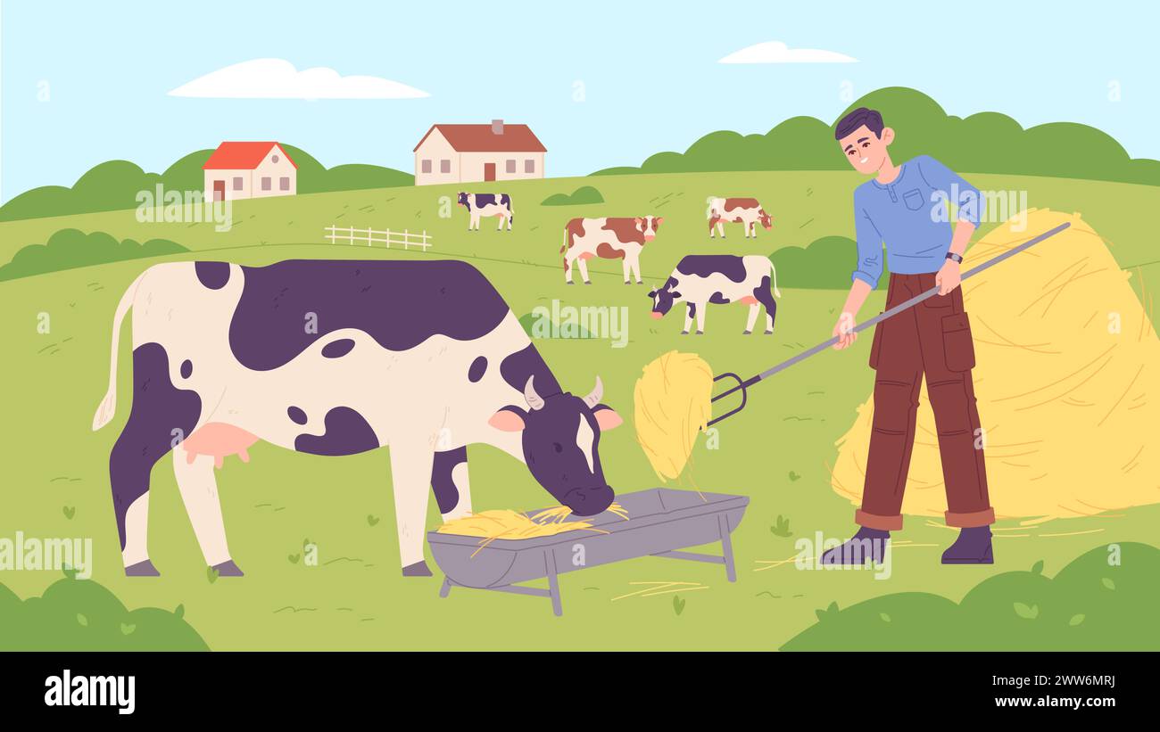 Contadino che dà da mangiare alle mucche. Illustrazione della scena rurale. Illustrazione vettoriale Illustrazione Vettoriale