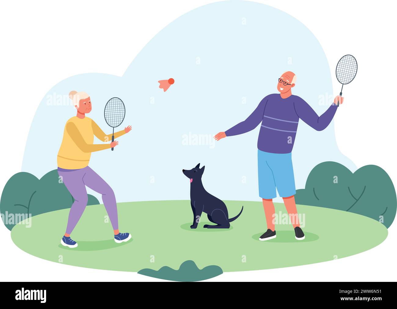 Felice coppia senior gioca a badminton all'aperto. Illustrazione vettoriale Illustrazione Vettoriale