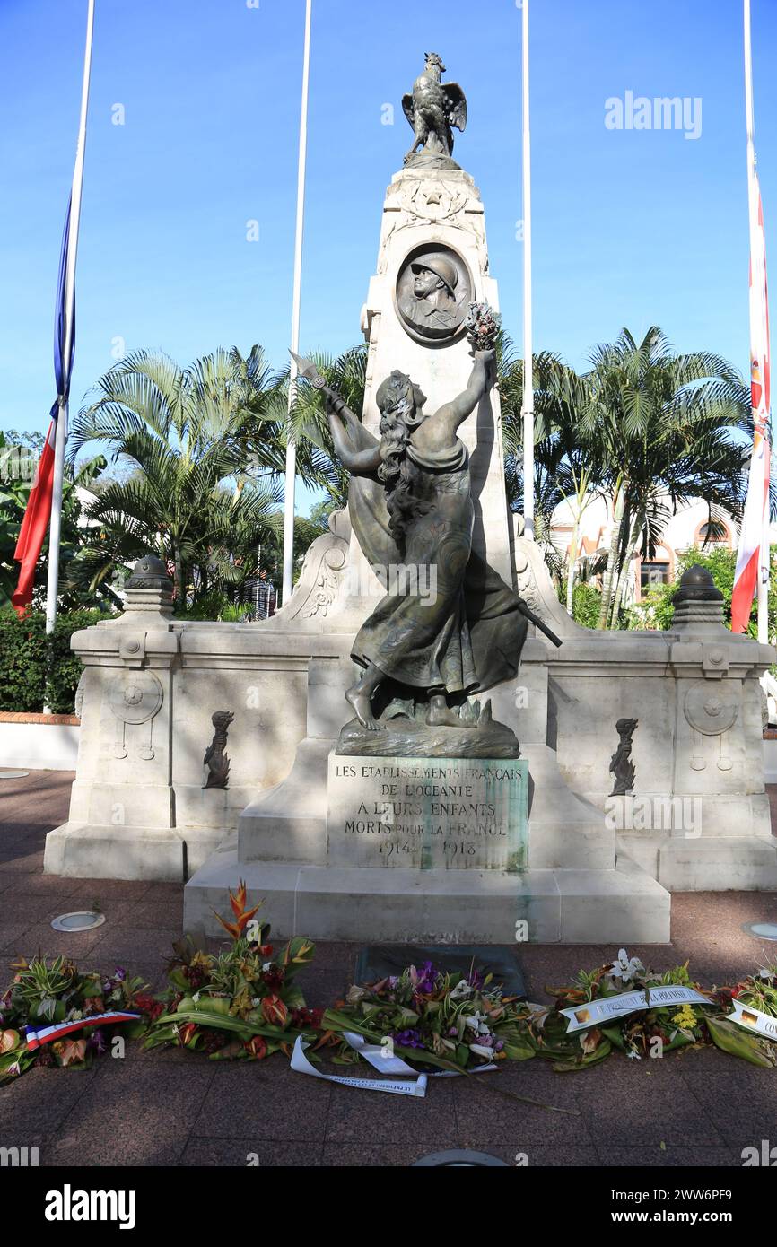 Omaggio ai soldati di Tahiti che andarono a combattere durante la prima guerra mondiale del 1914-1918. 1.800 giovani polinesiani sono stati mobilitati dal 1916, a defe Foto Stock