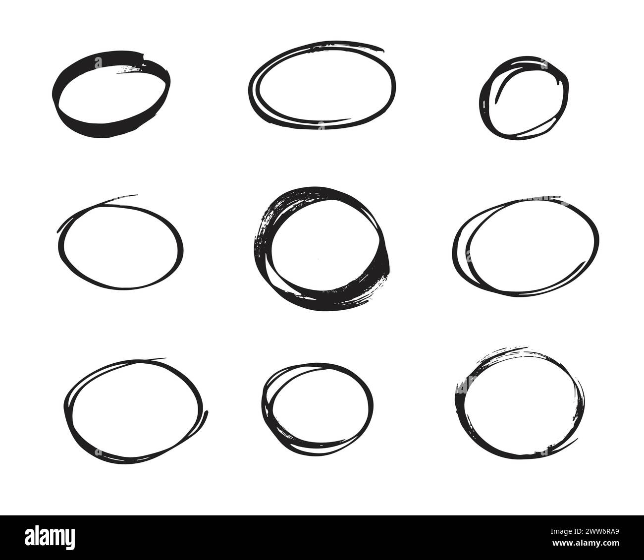 Set di ovali e cerchi disegnati a mano. Ovali di diverse larghezze. Illustrazione Vettoriale