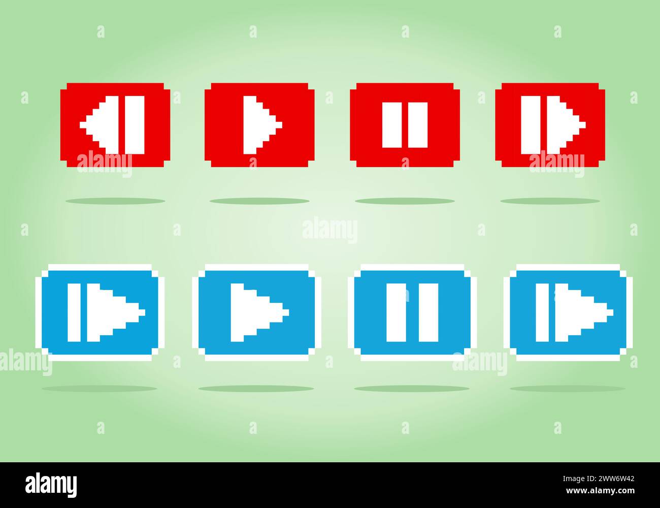 Icona del pulsante di riproduzione pixel a 8 bit, segnale dei social media, app mobile, Web. Vettore logo video nell'illustrazione vettoriale. Illustrazione Vettoriale