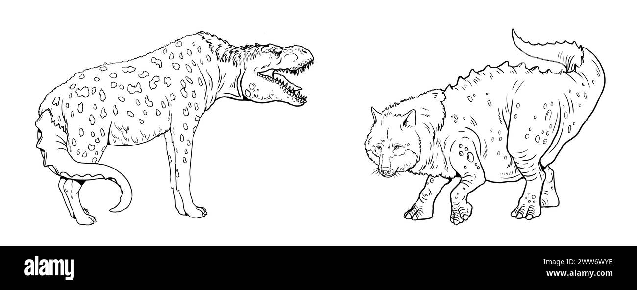 Pagina da colorare con i mutanti animali. Libro da colorare con creature fantasiose. Foto Stock