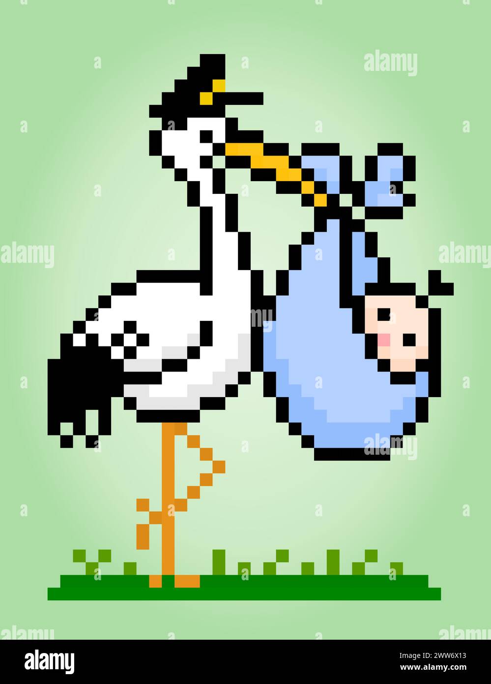8 bit pixel di una cicogna trasporta il bambino con borse, pixel animale per le risorse di gioco e motivi di cucitura incrociata nelle illustrazioni vettoriali. Illustrazione Vettoriale