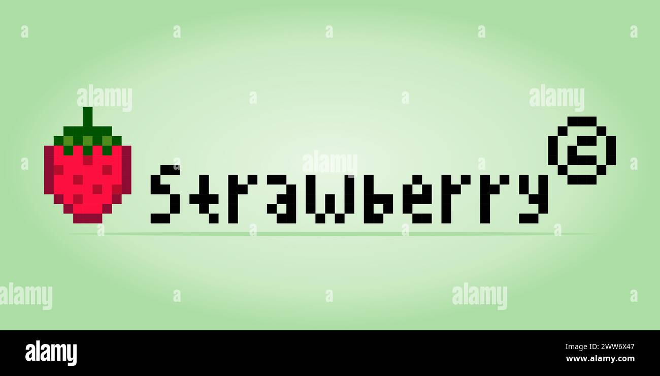 Pixel a 8 bit del logo dell'azienda, pixel Strawberry per risorse di gioco e pattern di cuciture incrociate nelle illustrazioni vettoriali. Illustrazione Vettoriale