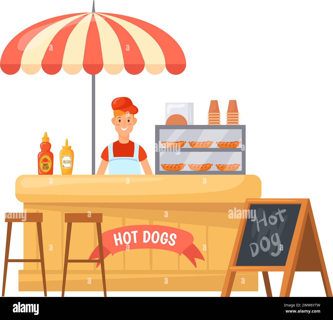 Postazione per hot dog. Stallo di cartoni animati fast food isolato su sfondo bianco Illustrazione Vettoriale