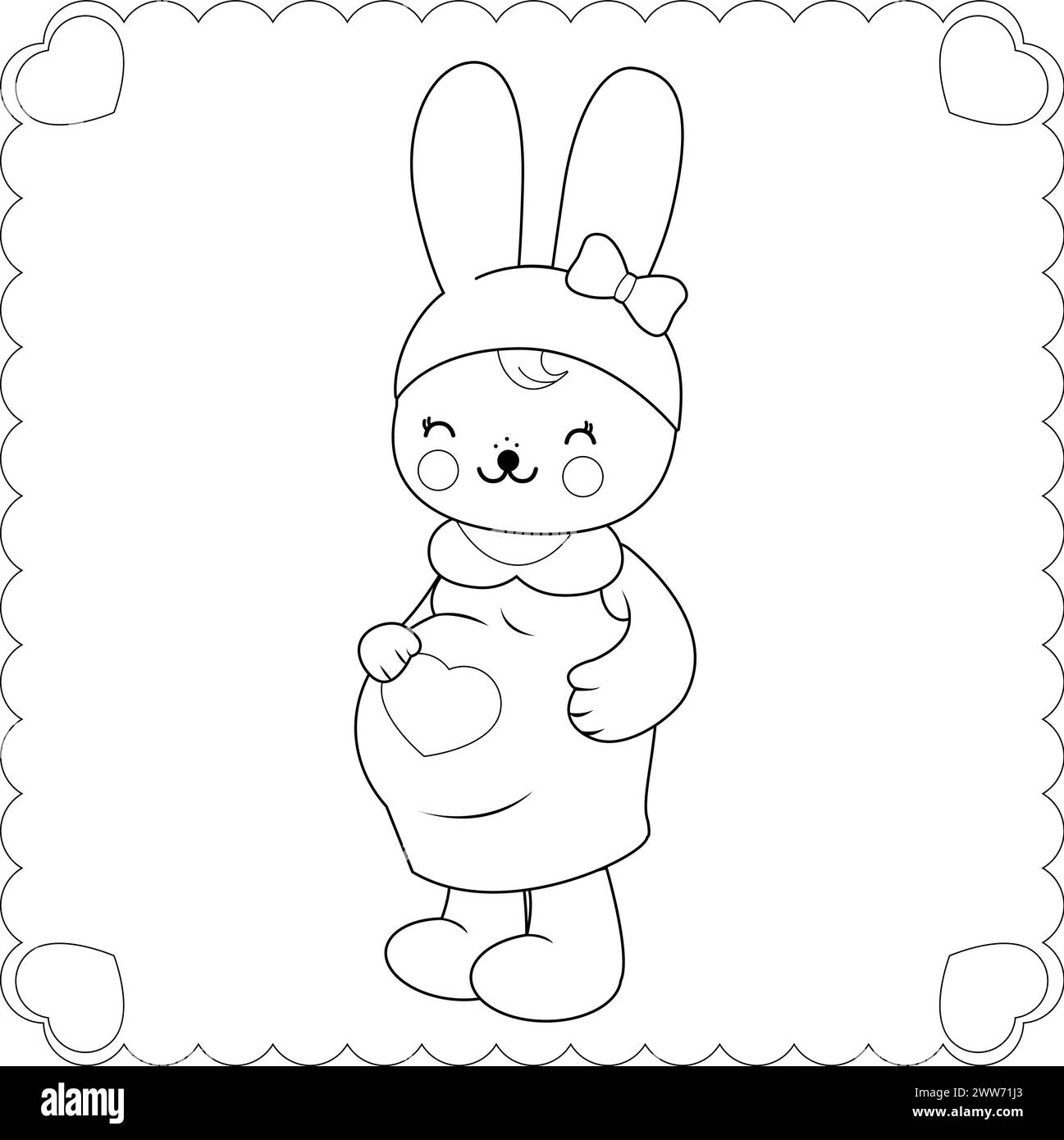 Simpatico coniglietto incinta. Madre incinta di coniglio che aspetta un bambino. Pagina di colorazione vettoriale in bianco e nero. Illustrazione Vettoriale