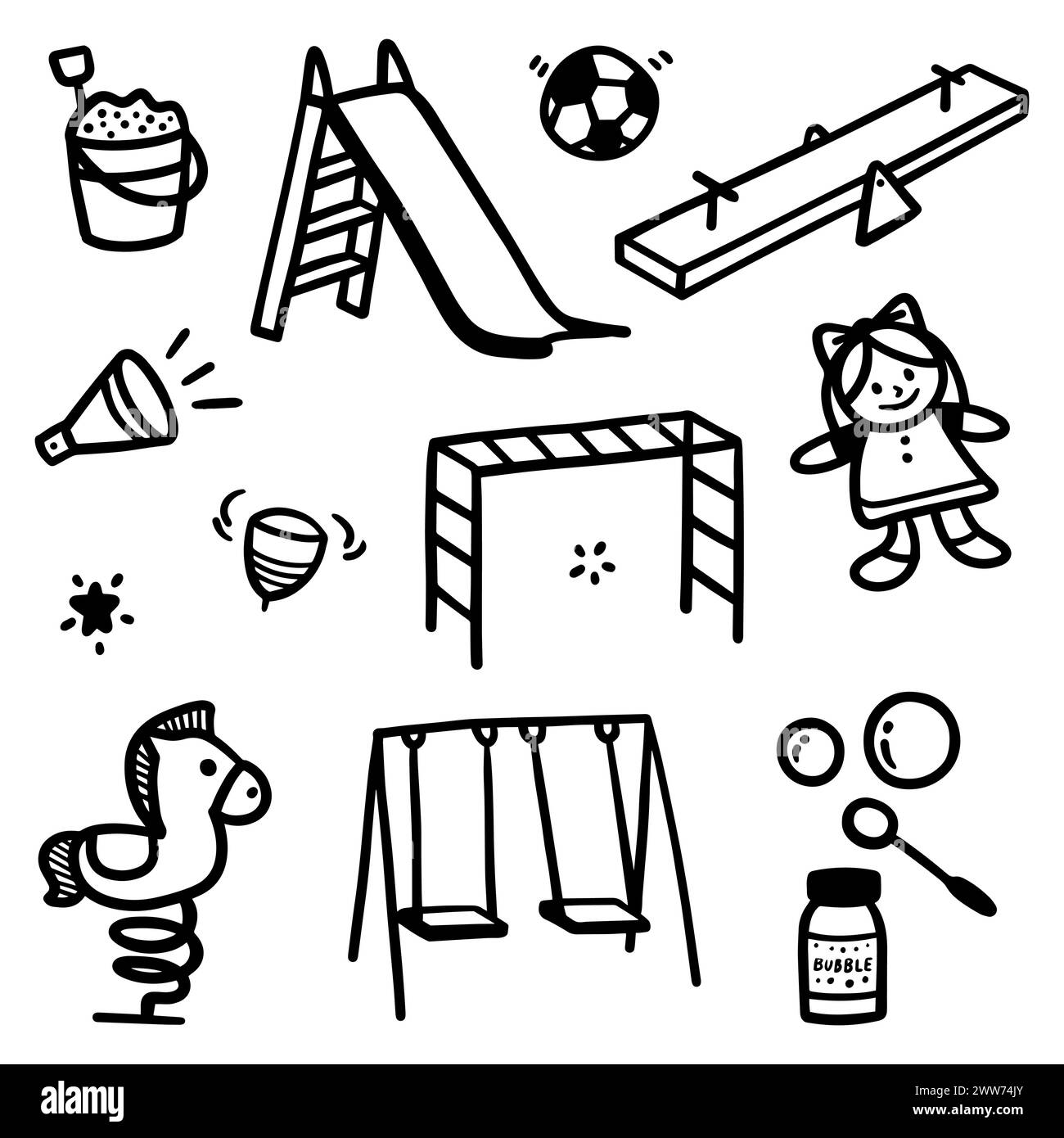 Tema parco giochi disegnato a mano. Un campo da gioco astratto con scarabocchi con linea nera sottile nell'illustrazione vettoriale Illustrazione Vettoriale