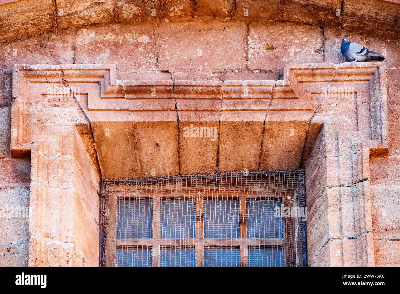 Colomba sulla facciata della chiesa Foto Stock