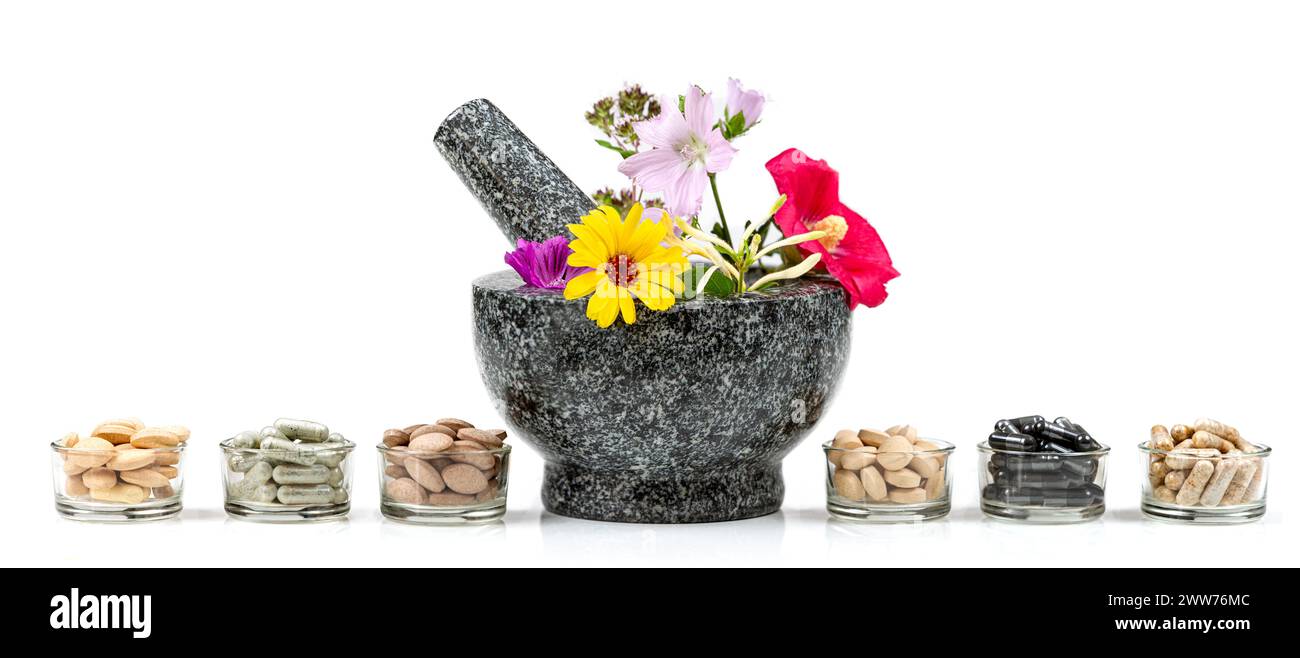 Integratori alimentari a base di principi attivi provenienti da piante medicinali. Foto Stock