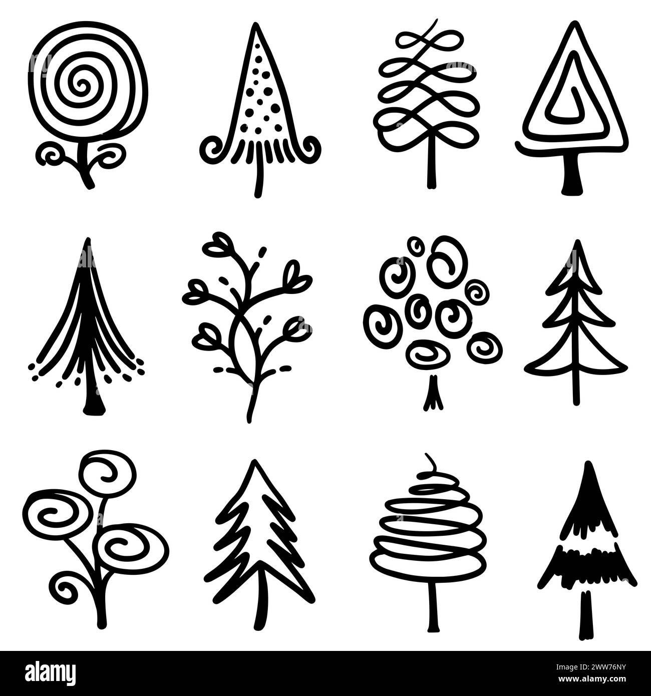 Set disegnato a mano con doodle astratto, alberi con linee sottili nere nell'illustrazione vettoriale Illustrazione Vettoriale