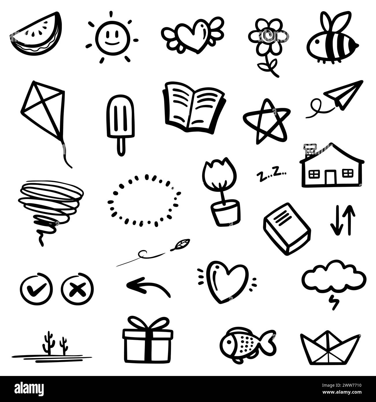 L'astratto Doodle disegnato a mano del set Black Thin Line include oggetti e natura nell'illustrazione vettoriale Illustrazione Vettoriale