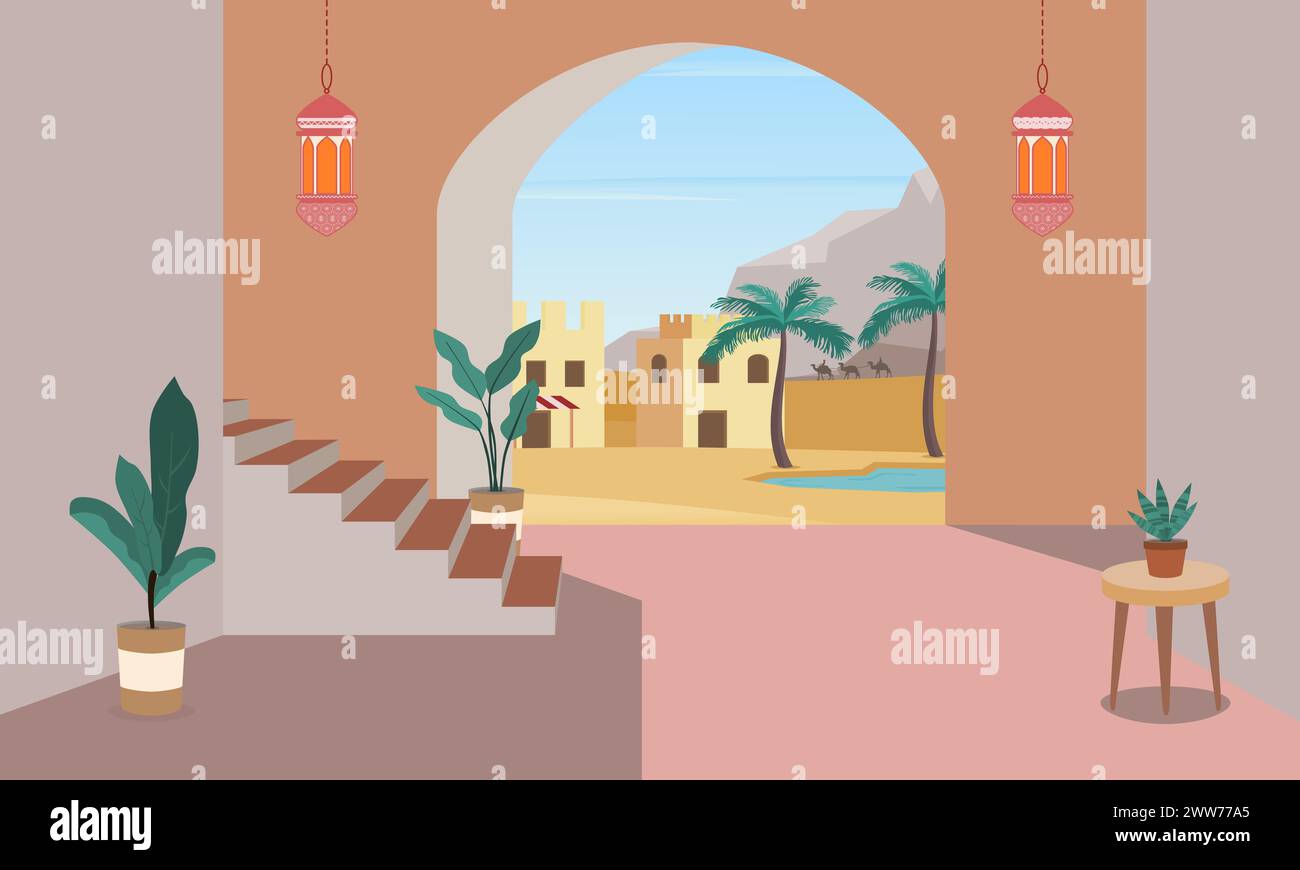 Sala d'ingresso in stile marocchino, arabo o indiano con vista del paesaggio desertico. Illustrazione vettoriale. Illustrazione Vettoriale