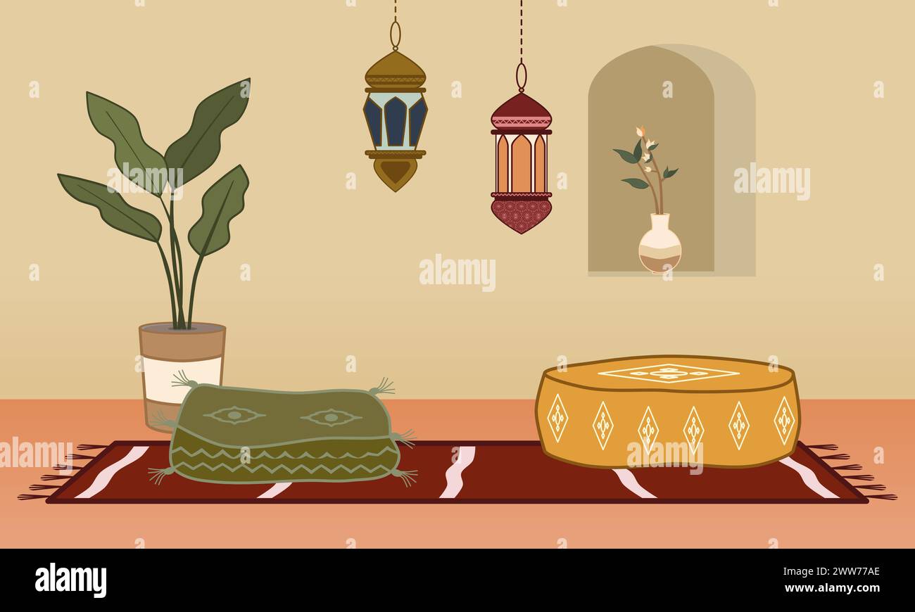 Interni marocchini, arabi o indiani con cuscini e lampada a lanterna. Illustrazione vettoriale. Illustrazione Vettoriale