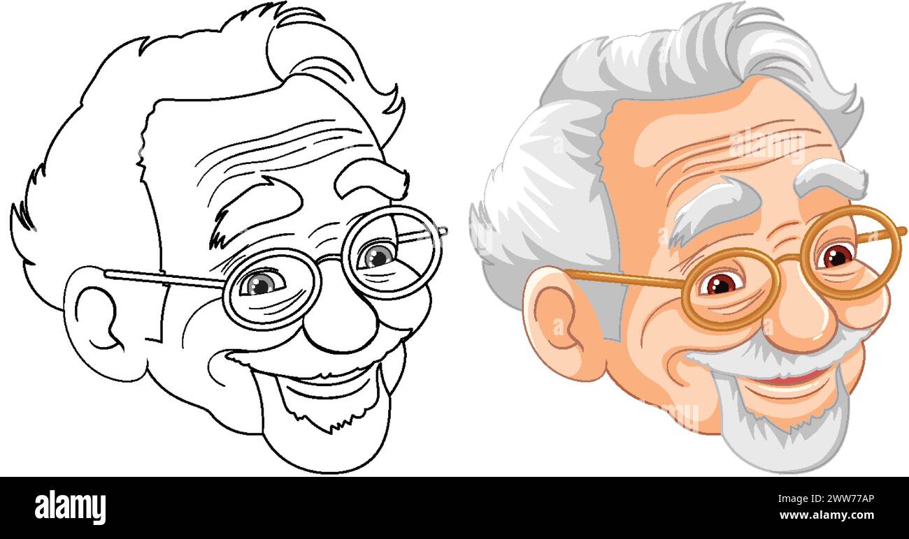 Ritratti in bianco e nero e a colori di un uomo anziano felice. Illustrazione Vettoriale