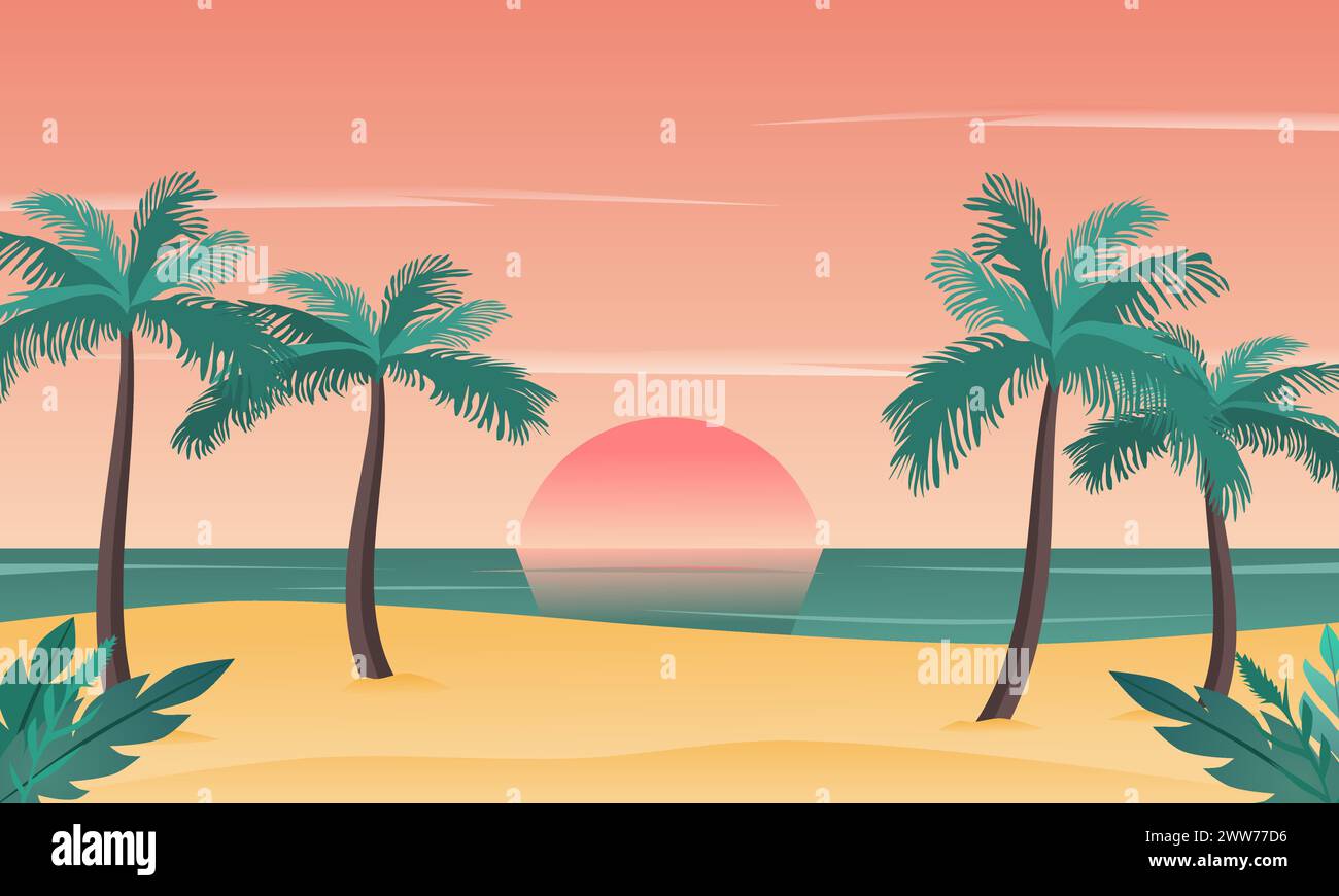 Tramonto sulla spiaggia con palme. Illustrazione vettoriale. Illustrazione Vettoriale