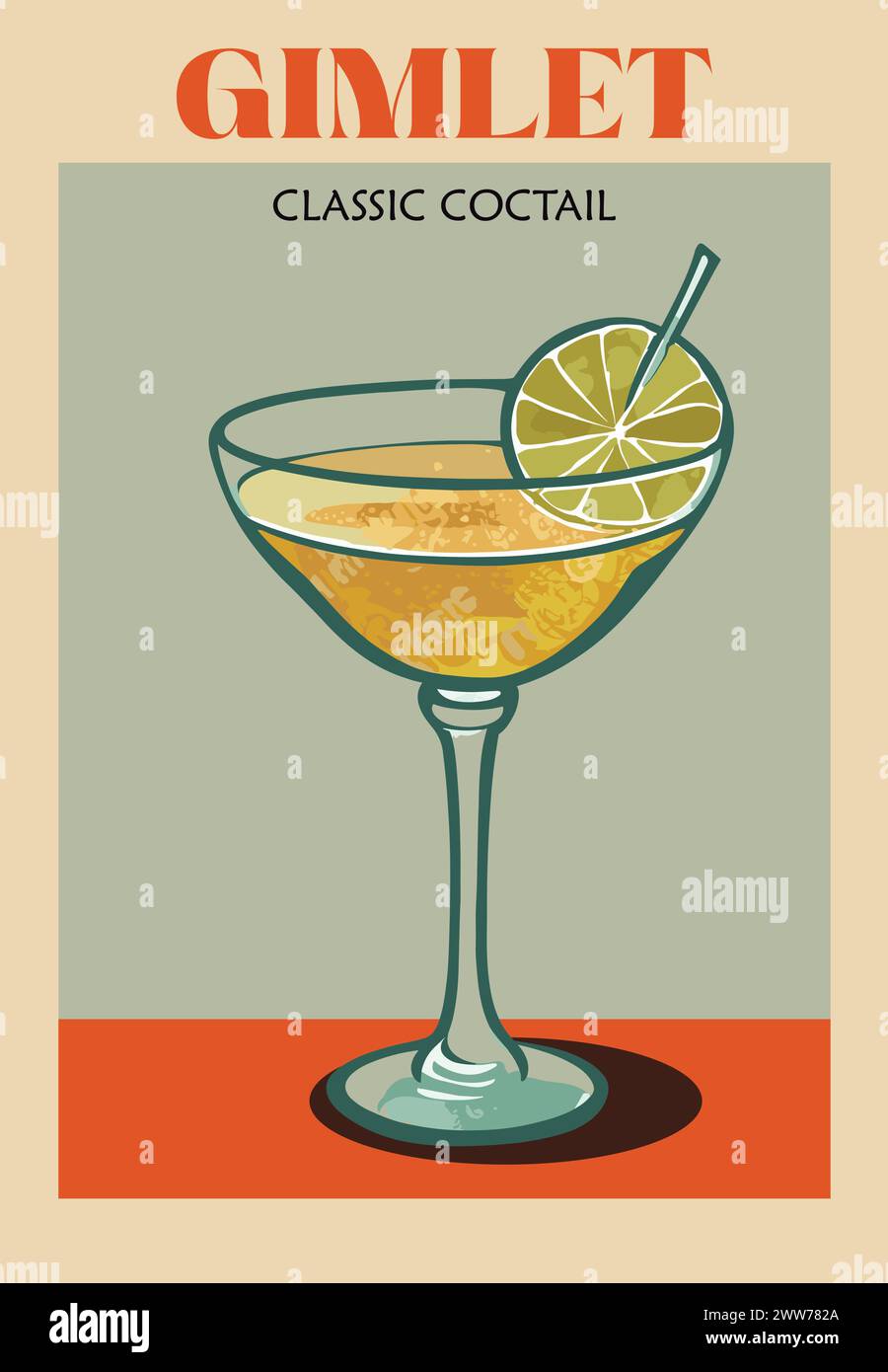 Gimlet cocktail poster retrò stampa grafica vettoriale. Illustrazione Vettoriale
