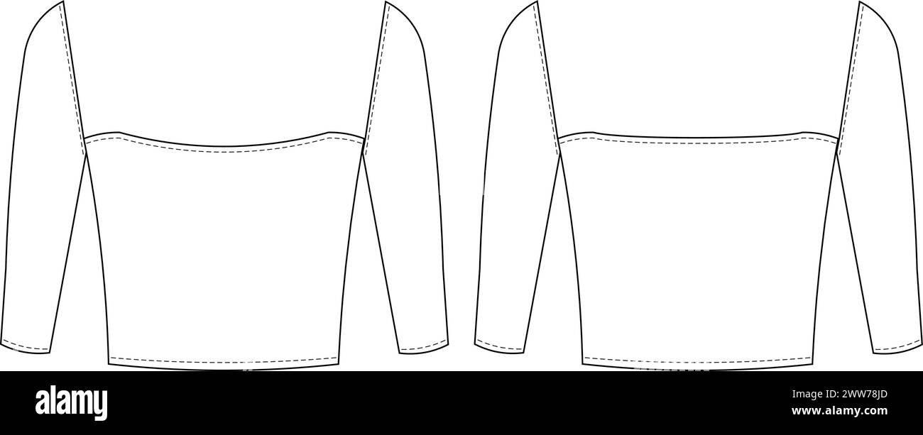modello superiore camicia corta a metà manica con collo quadrato 3/4 disegno tecnico disegno piatto disegno cad mockup moda donna modello stile design Illustrazione Vettoriale